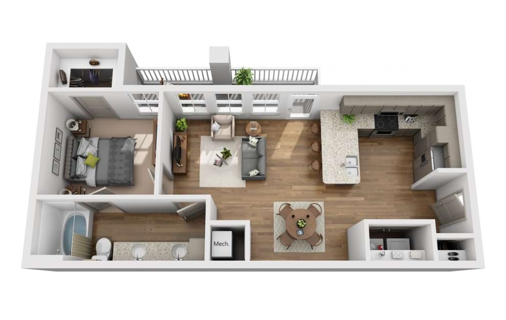 The Harpeth - 1 bedroom floorplan layout with 1 bath and 731 square feet. (3D)
