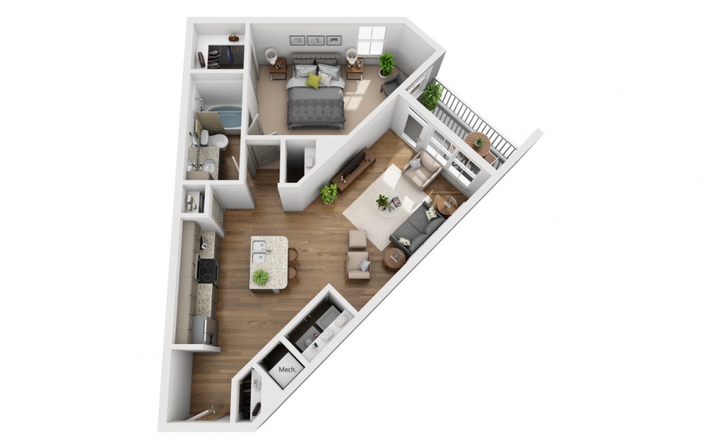 The Caney Fork - 1 bedroom floorplan layout with 1 bath and 780 square feet. (3D)