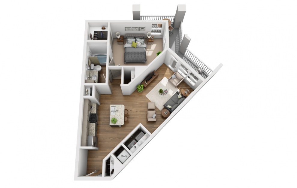 The Collins - 1 bedroom floorplan layout with 1 bath and 798 square feet. (3D)