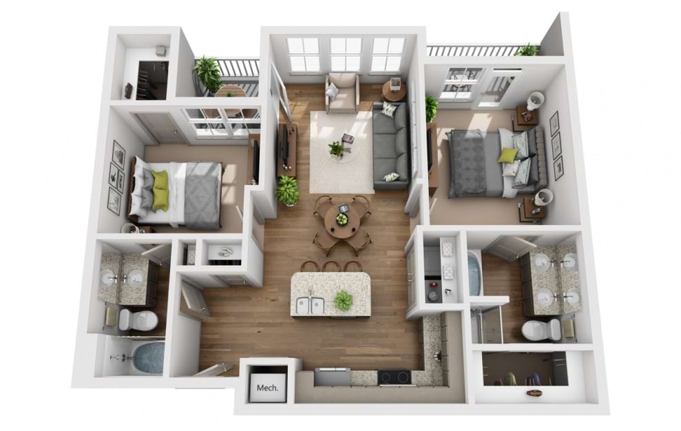 The Buffalo - 2 bedroom floorplan layout with 2 baths and 1099 square feet. (3D)