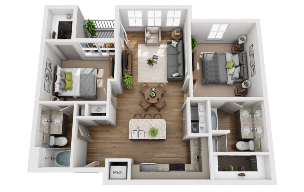 The Stones - 2 bedroom floorplan layout with 2 baths and 1079 square feet. (3D)