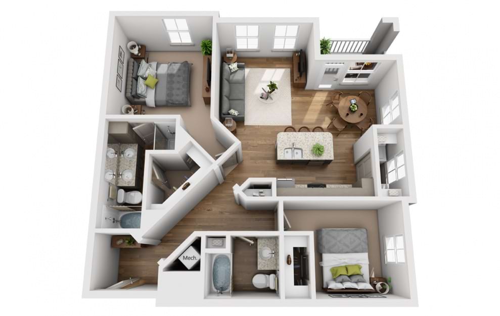 The Cumberland - 2 bedroom floorplan layout with 2 baths and 1265 square feet. (3D)