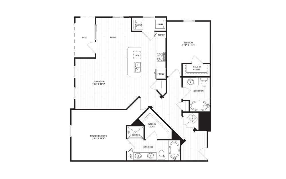 The Cumberland - 2 bedroom floorplan layout with 2 baths and 1265 square feet. (2D)